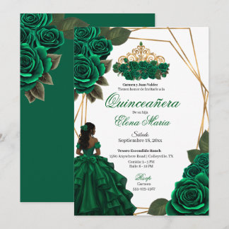 Emerald Green Roses Gold Quinceañera Invitation