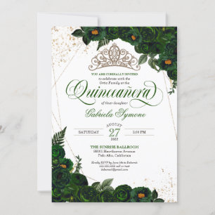 Emerald Green Roses Gold Tiara Elegant Quinceañera Invitation