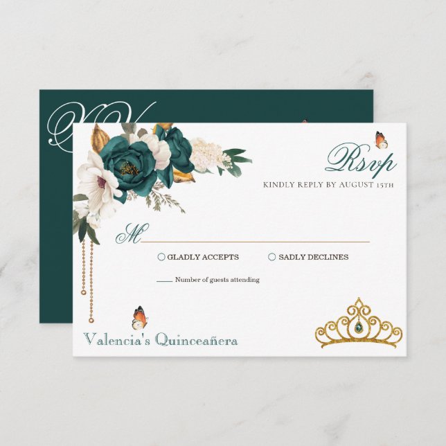Emerald Green Roses Gold Tiara Quinceanera RSVP Card (Front/Back)