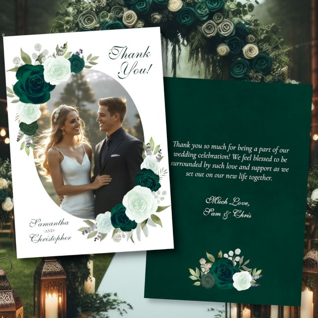 Emerald Green Roses Oval Photo Elegant Wedding Thank You Card (Front/Back)