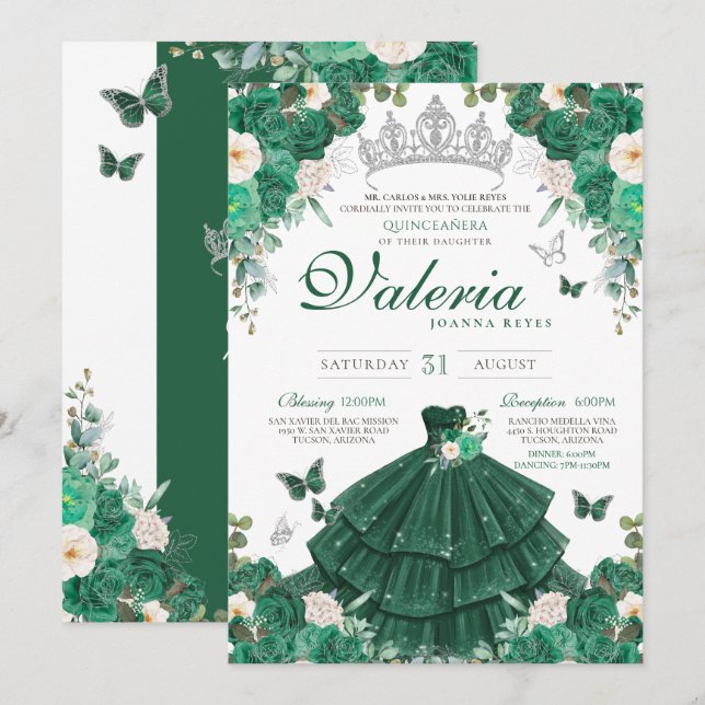 Emerald Green Roses & Silver Butterfly Quinceanera Invitation (Front/Back)