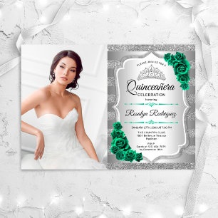 Emerald Green Roses Silver Photo Quinceanera Invitation