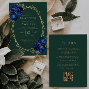 Emerald Green Royal Blue Floral QR Code Wedding Invitation