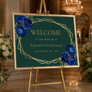 Emerald Green Royal Blue Floral Wedding Welcome Poster