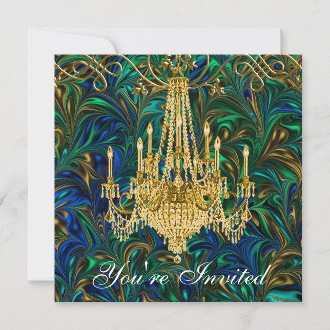 Emerald Green Royal Blue Gold Chandelier Party Invitation (Front)