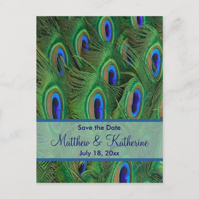 Emerald Green Royal Blue Peacock Feathers Wedding Announcement Postcard (Front)