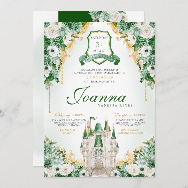 Emerald Green Royal Castle Princess Quinceanera Invitation (Front/Back)