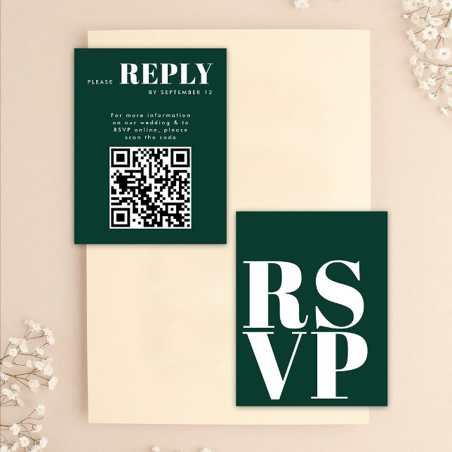 Emerald Green RSVP Cards for Wedding QR Code (Front / Back)