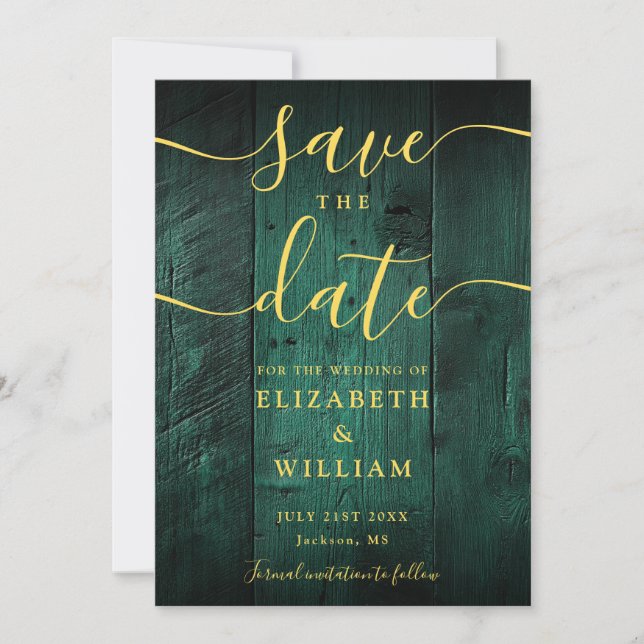 Emerald Green Rustic Barn Wood Boho Wedding Save The Date (Front)