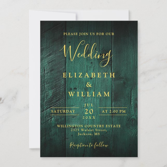 Emerald Green Rustic Barn Wood Wedding QR Code Invitation (Front)
