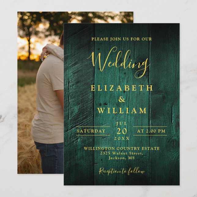 Emerald Green Rustic Boho Barn Wood Photo Wedding Invitation (Front/Back)
