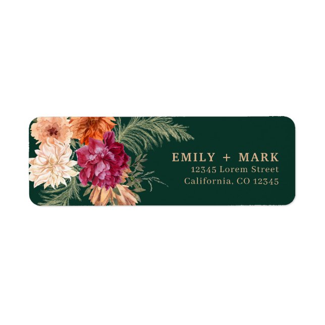Emerald green rustic fall wedding return address (Front)