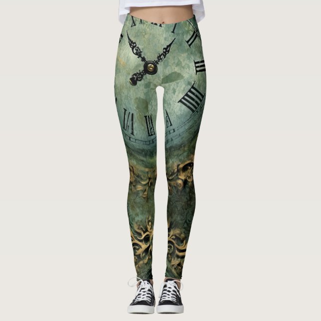 Emerald Green Rustic Steampunk Clock (1) Leggings (Front)