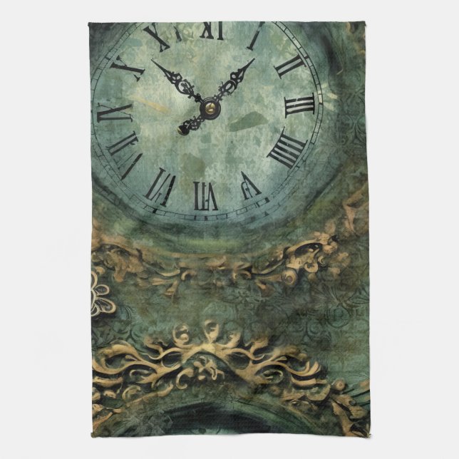 Emerald Green Rustic Steampunk Clock (1) Tea Towel (Vertical)