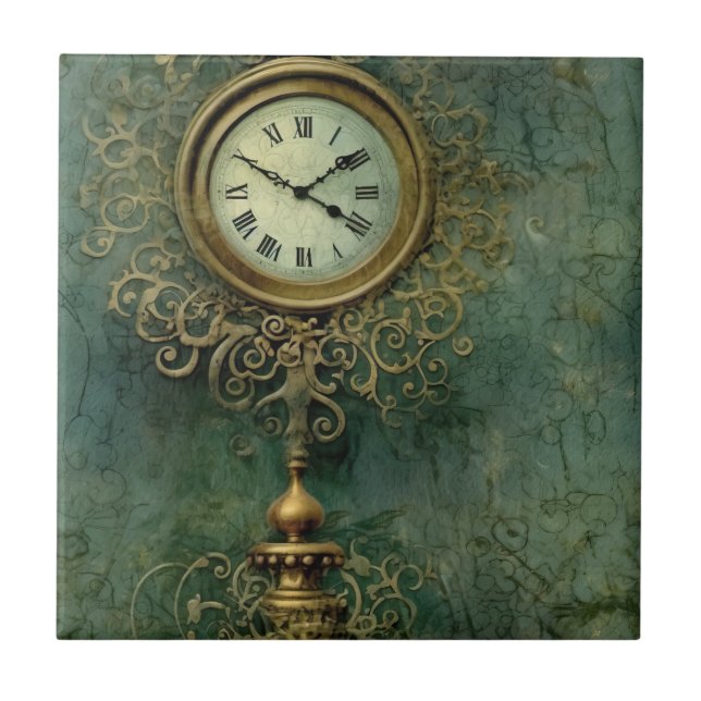 Emerald Green Rustic Steampunk Clock (2) Tile (Front)