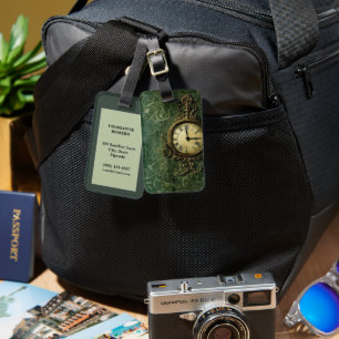 Emerald Green Rustic Steampunk Clock (3) Luggage Tag