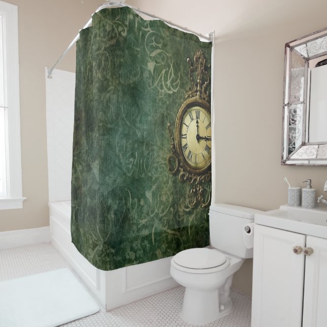Emerald Green Rustic Steampunk Clock (3) Shower Curtain (In Situ)