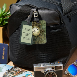 Emerald Green Rustic Steampunk Clock (4) Luggage Tag