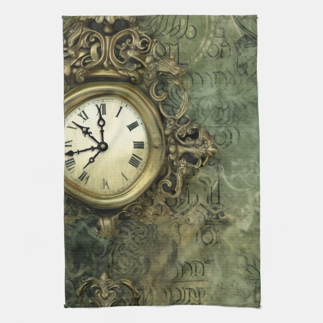 Emerald Green Rustic Steampunk Clock (4) Tea Towel (Vertical)