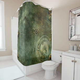 Emerald Green Rustic Steampunk Clock (5) Shower Curtain