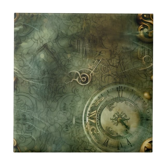 Emerald Green Rustic Steampunk Clock (5) Tile (Front)