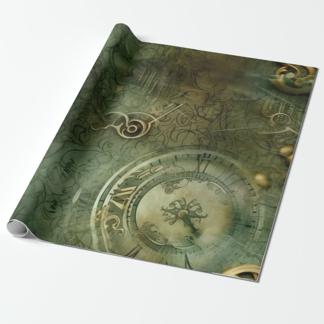 Emerald Green Rustic Steampunk Clock (5) Wrapping Paper (Unrolled)