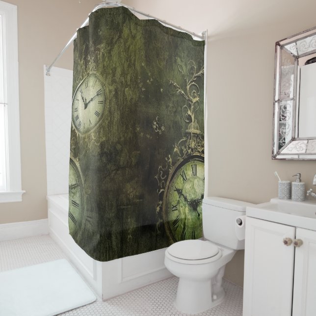 Emerald Green Rustic Steampunk Clock (9) Shower Curtain (In Situ)