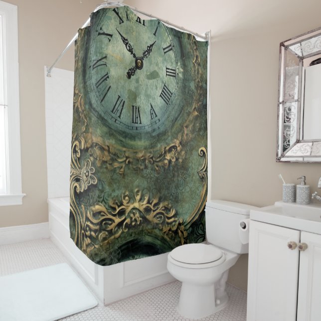 Emerald Green Rustic Steampunk Clock Shower Curtain (In Situ)