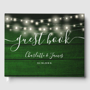 Emerald Green Rustic Wood String Lights Wedding Guest Book