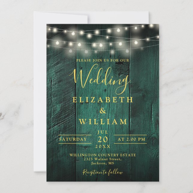 Emerald Green Rustic Wood String Lights Wedding Invitation (Front)