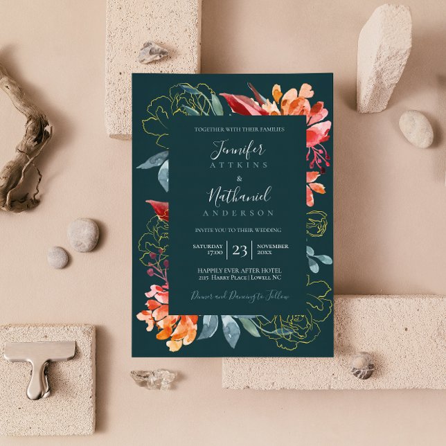 Emerald Green Rusty Orange Floral Wedding Invitation (Creator Uploaded)