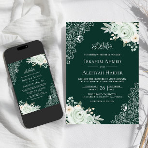 Emerald Green Sage Floral Lace Muslim Wedding Invitation