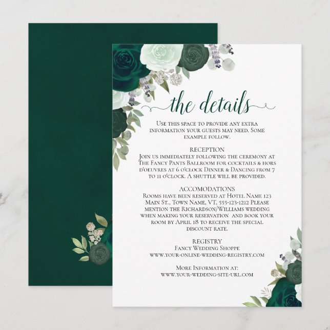 Emerald Green & Sage Roses Rustic Wedding Details Enclosure Card (Front/Back)