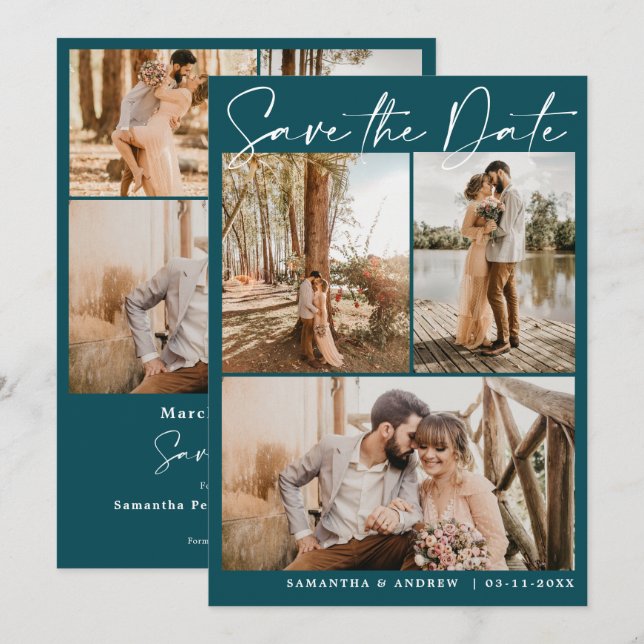 Emerald green script 6 photo wedding save the date (Front/Back)