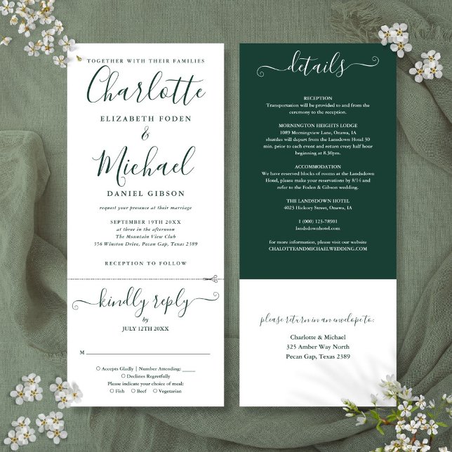 Emerald Green Script All In One Wedding Invitation (Emerald Green Script All In One Wedding Invitation)