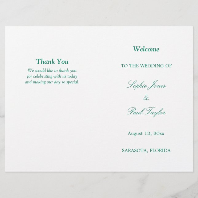 Emerald Green Script Bi-Fold Wedding Program (Front)