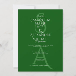 Emerald Green Script Contemporary Monogram Wedding Invitation