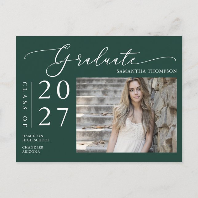 Emerald Green Script Graduate Announcement Photo Postcard (Front)