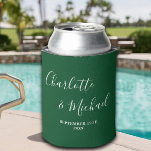 Emerald Green Script Minimalist Wedding Can Cooler