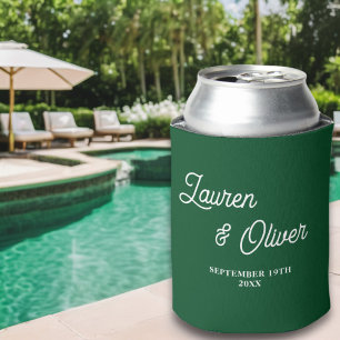 Emerald Green Script Minimalist Wedding Can Cooler