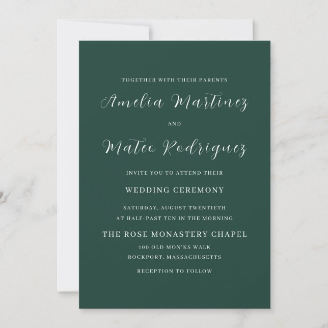 Emerald Green Script Modern Wedding Invitation (Front)