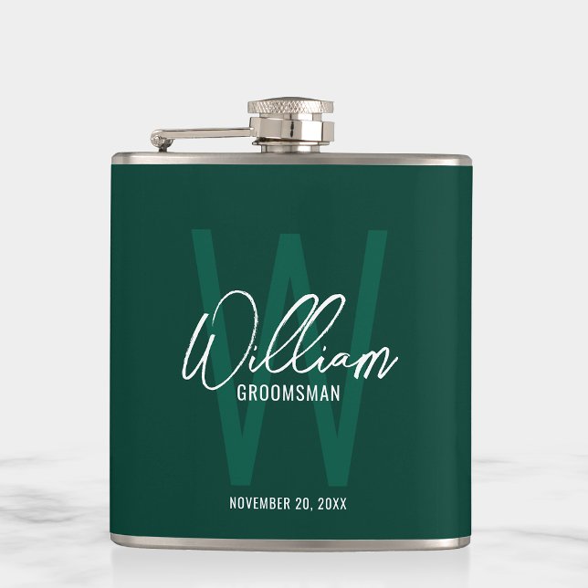 Emerald Green Script Personalised Groomsman's Name Hip Flask (Creator Uploaded)