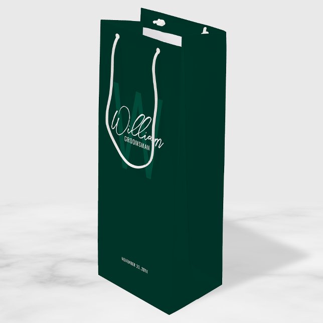 Emerald Green Script Personalised Groomsman's Name Wine Gift Bag (Creator Uploaded)