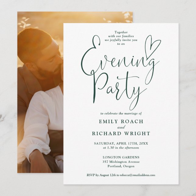  Emerald Green Script Photo Wedding Evening Party Invitation (Front/Back)