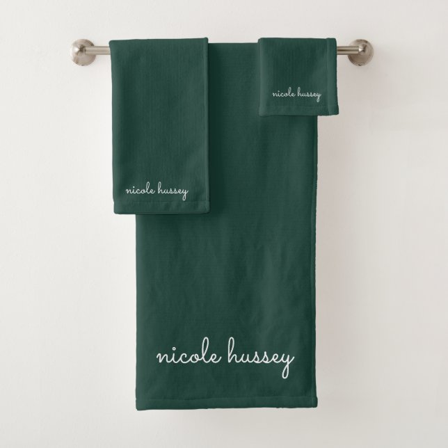 Emerald Green Script  | Stylish Monogram Modern Bath Towel Set (Insitu)