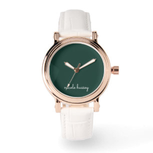 Emerald Green Script    Stylish Monogram Modern Watch