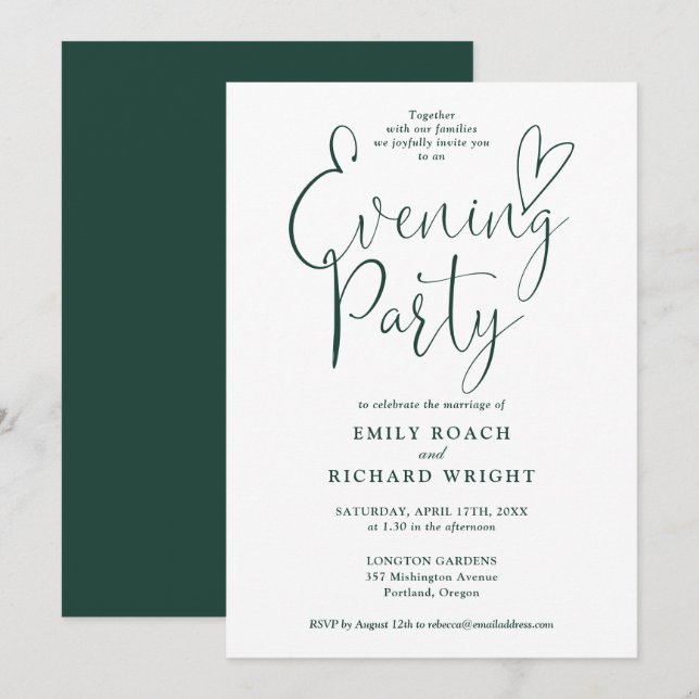  Emerald Green Script Wedding Evening Party Invitation (Front/Back)