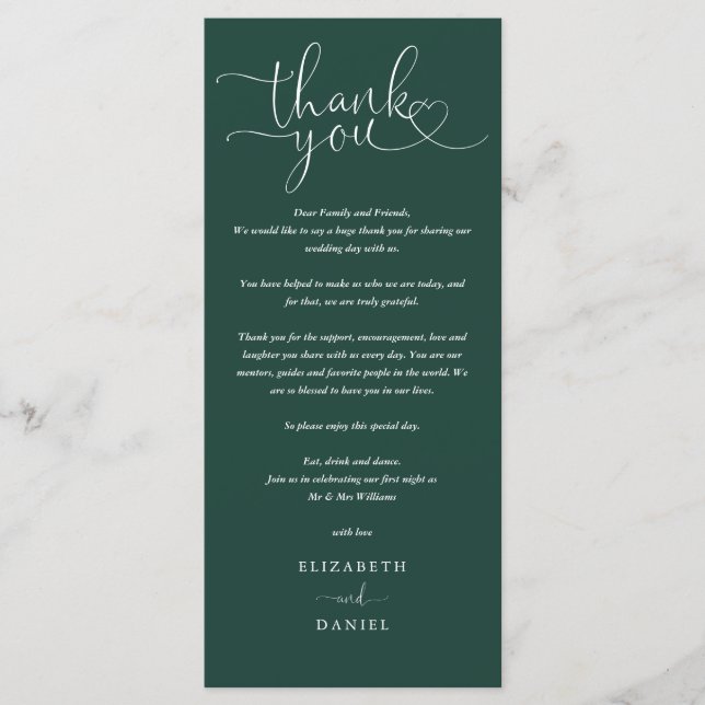 Emerald Green Script Wedding Thank You Place Card (Front)