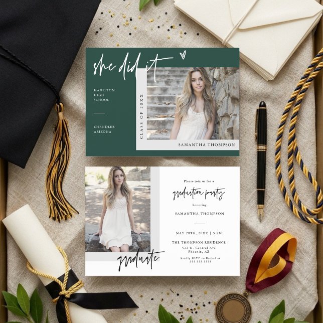 Emerald Green She Did It Grad Photo Invite (Creator Uploaded)