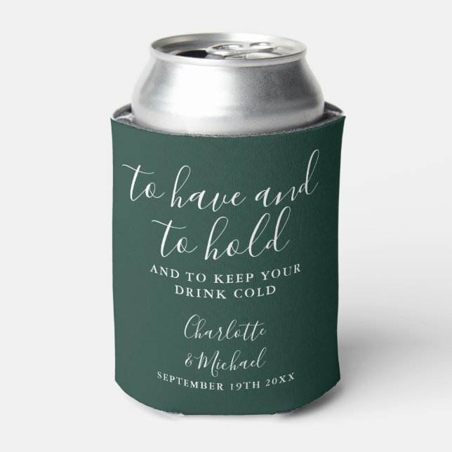 Emerald Green Signature Script Wedding Can Cooler (Can Front)